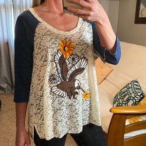 Free People Eagle Lace Scoopneck 3/4 Baseball Tee